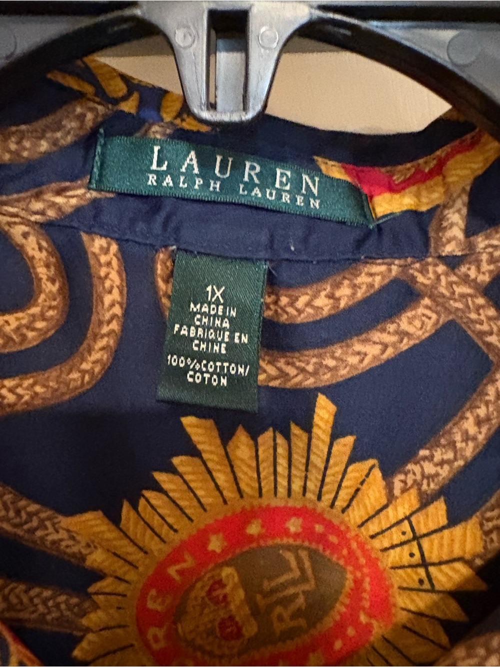 Ralph Lauren Navy Button-Up Shirt with Gold and Red Baroque Motif, size 1X - Picture 3 of 5